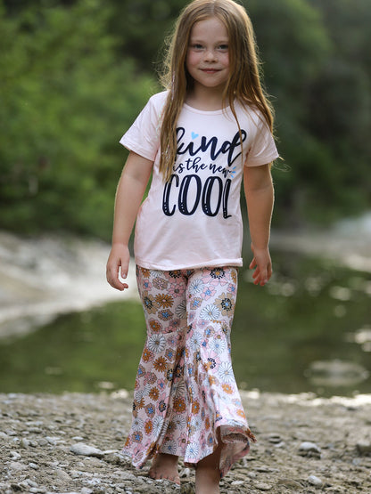Girls Letter Print Top + Floral Pattern Pants