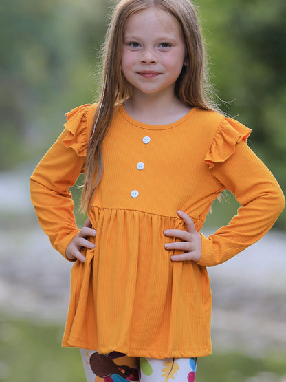 Fall Halloween & Thanksgiving Pumpkin Turkey Print Girls Long Sleeve Set