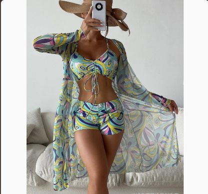 Mesh Cover-Up Three-Piece Swimwear Set – Bikini with Leg-Length Briefs