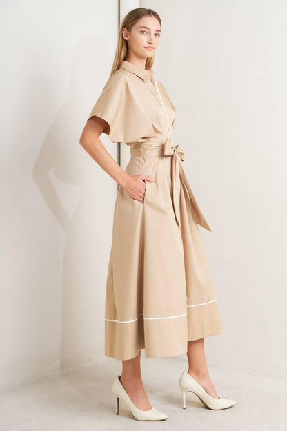 CATCH YOU LATER KHAKI WOVEN MIDI DRESS