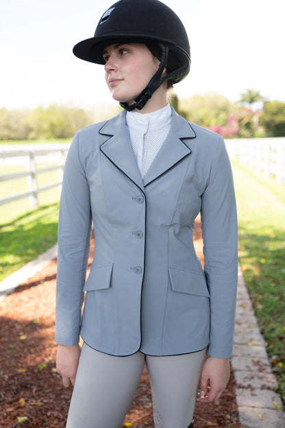 Grand Prix Ladies EQJ 3 Button Show Coat, Cadet Blue with Navy Piping