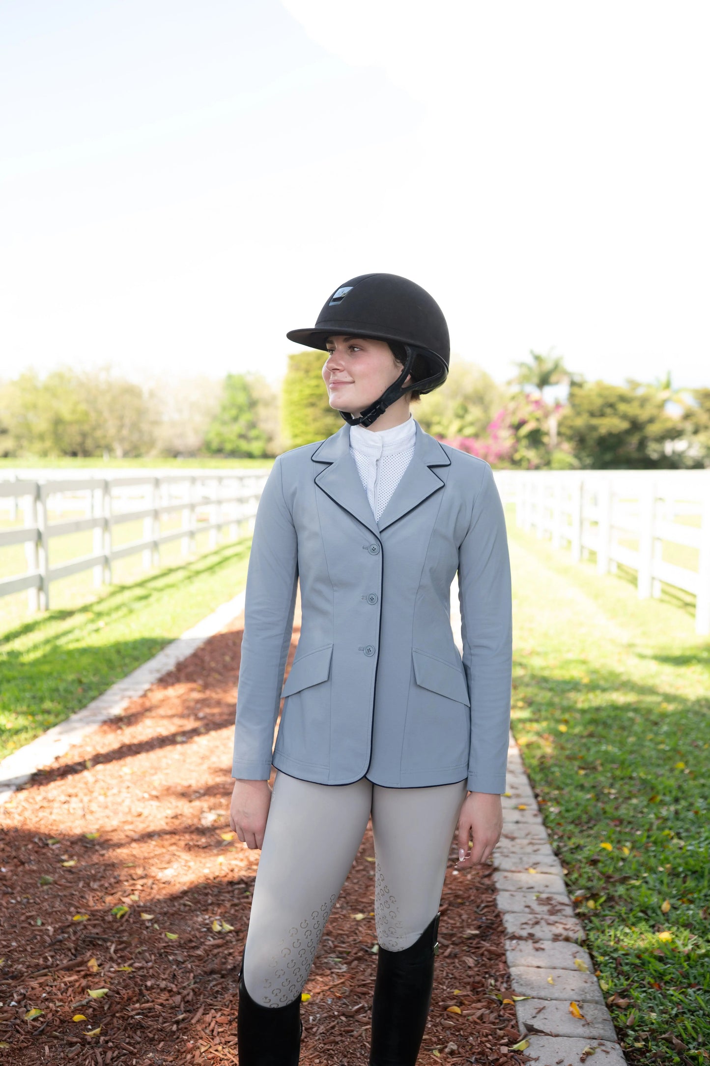 Grand Prix Ladies EQJ 3 Button Show Coat, Cadet Blue with Navy Piping