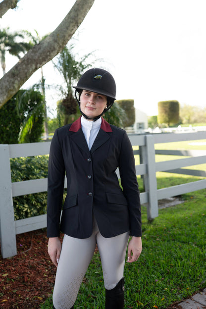 Grand Prix Ladies EQJ Classic 3 Button Show Jacket, Black with Burgundy Collar