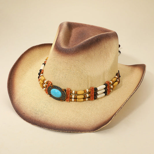 Western Oval Turquoise Concho Buckle Wooden Beaded Band Cowboy Fedora Hat