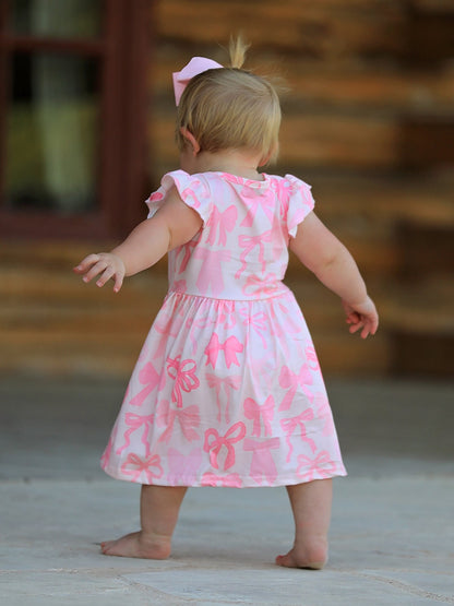 Bow Print Flying Sleeve Girls Dress