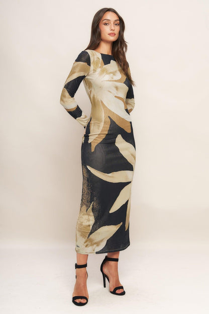 ABSTRACT BOTANICA POWER MESH MIDI DRESS