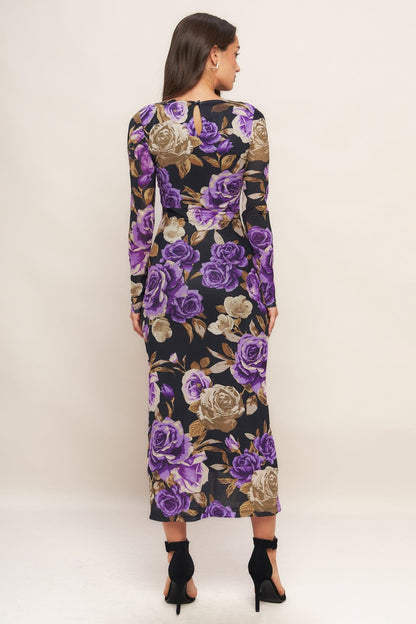 VIOLET EMBRACE POWER MESH MIDI DRESS