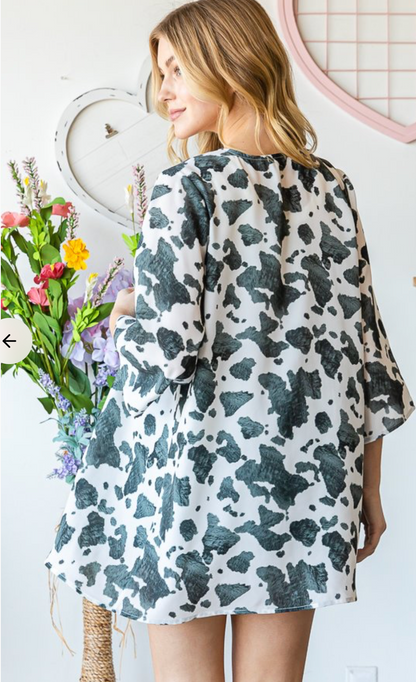 COW PRINT 3/4 SLEEVE CARDIGAN