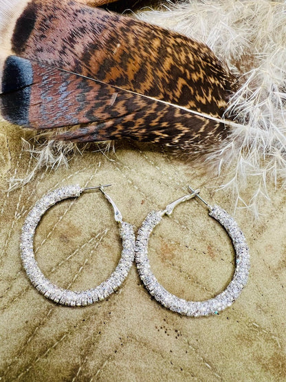 Clear Sparkle Medium Silver Hoops