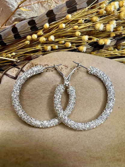 Clear Sparkle Medium Silver Hoops
