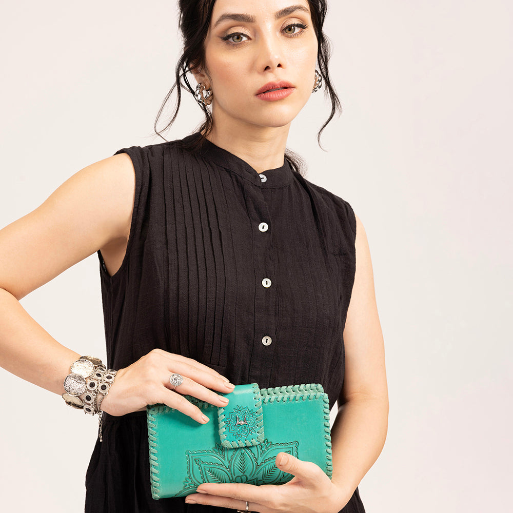 Loyal West Desert Lotus Wallet  - Turquoise  Handtooled Leather & Calfskin