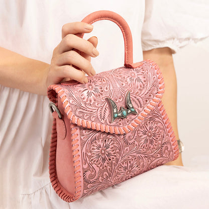 Loyal West Leon Mini Handle Purse - Pink Handtooled Leather & Calfskin