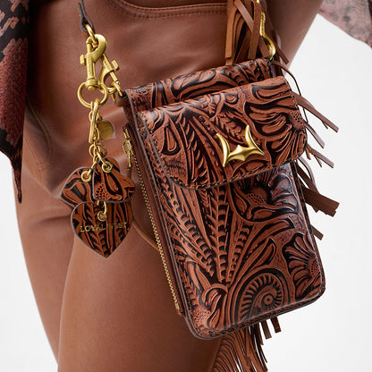 Loyal West SHELL PHONE BAG  IN HAND FINISHED EMBOSSED LEATHER - BROWN