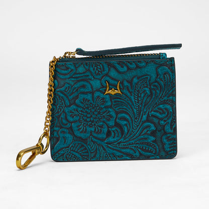 Loyal West SOPHIA CREDIT CARD HOLDER IN HAND FINISHED EMBOSSED LEATHER -  TURQUOISE