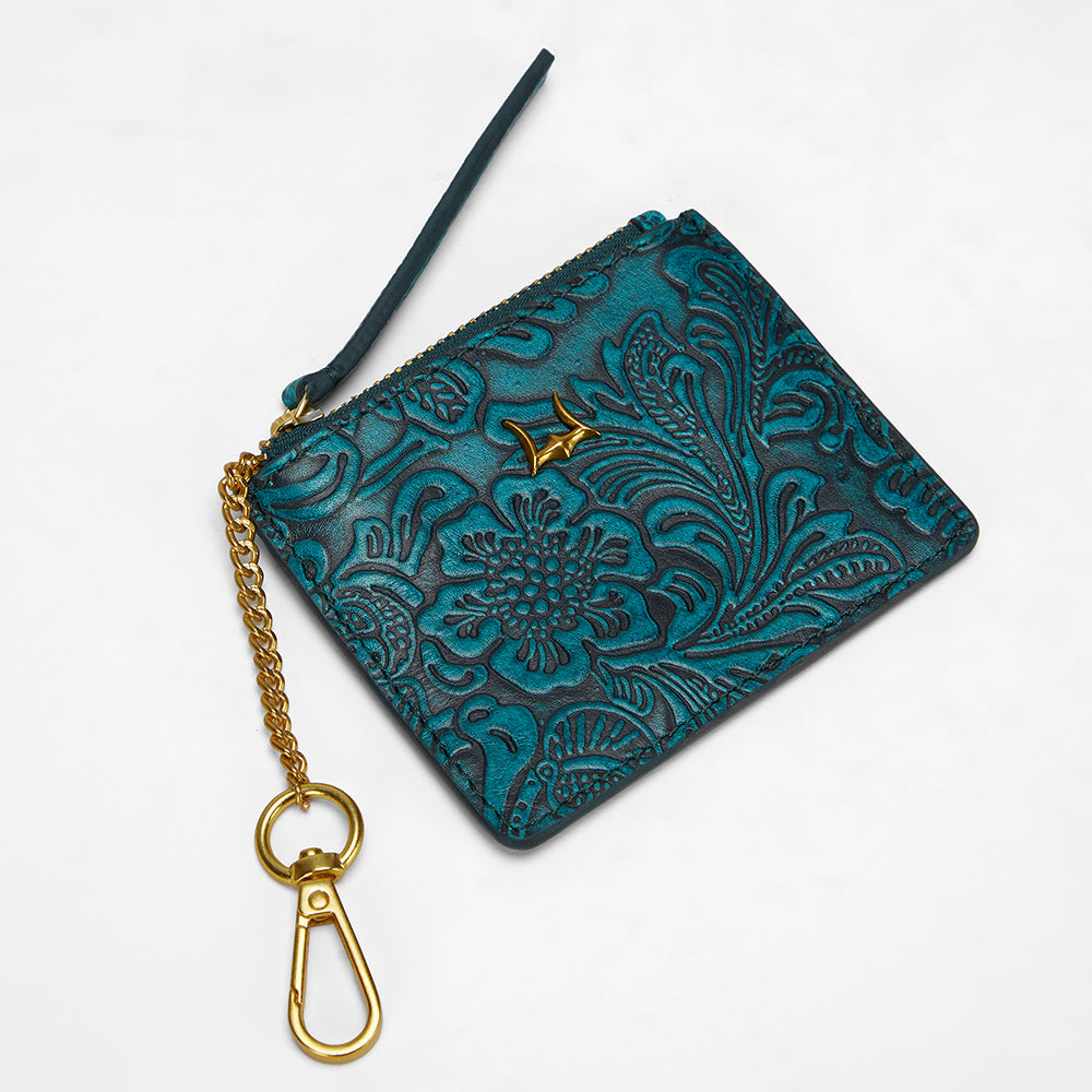 Loyal West SOPHIA CREDIT CARD HOLDER IN HAND FINISHED EMBOSSED LEATHER -  TURQUOISE