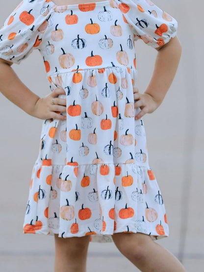 Fall Pumpkin Puff Sleeve Girls Dress