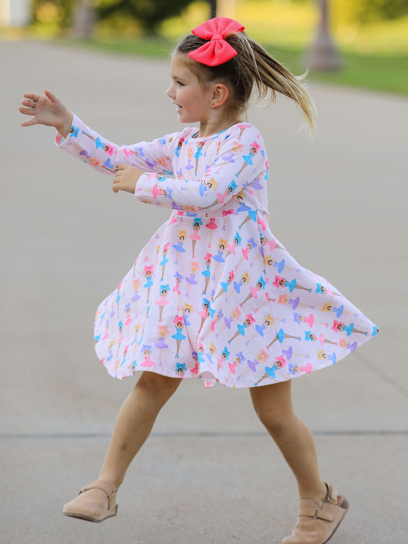 Fall Colorful Ballet Character Girls Long Sleeve Twirl Dress