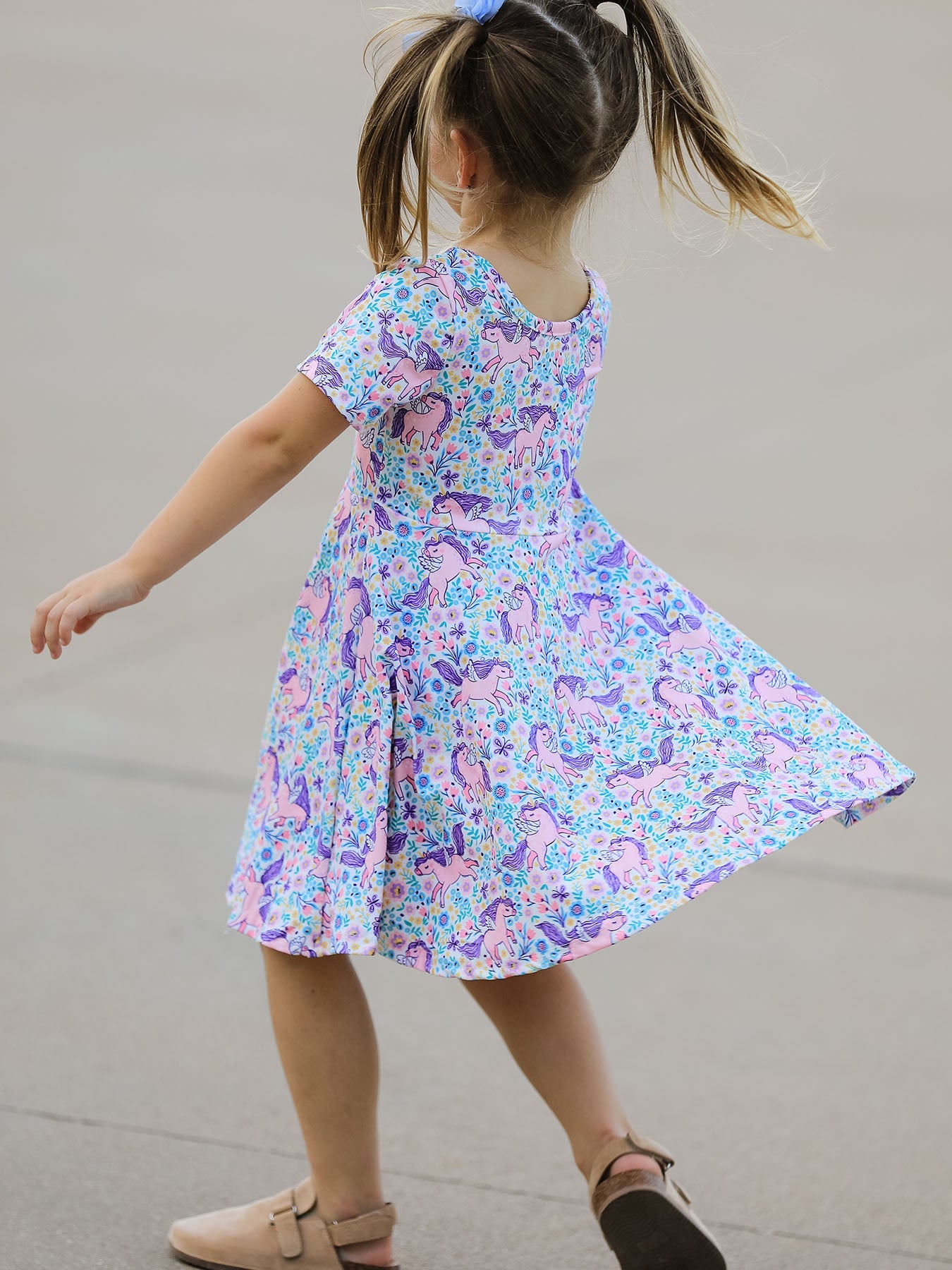 Unicorn Floral Print Girls Short Sleeve Twirl Dress
