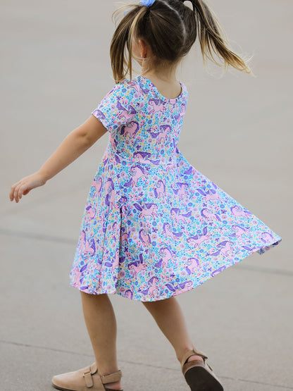 Unicorn Floral Print Girls Short Sleeve Twirl Dress