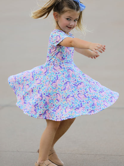 Unicorn Floral Print Girls Short Sleeve Twirl Dress