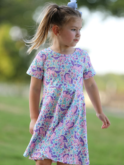 Unicorn Floral Print Girls Short Sleeve Twirl Dress