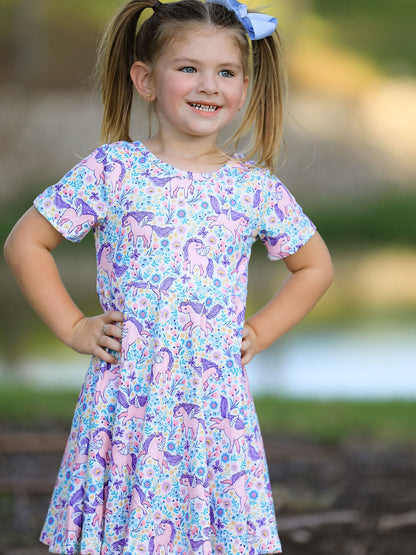Unicorn Floral Print Girls Short Sleeve Twirl Dress