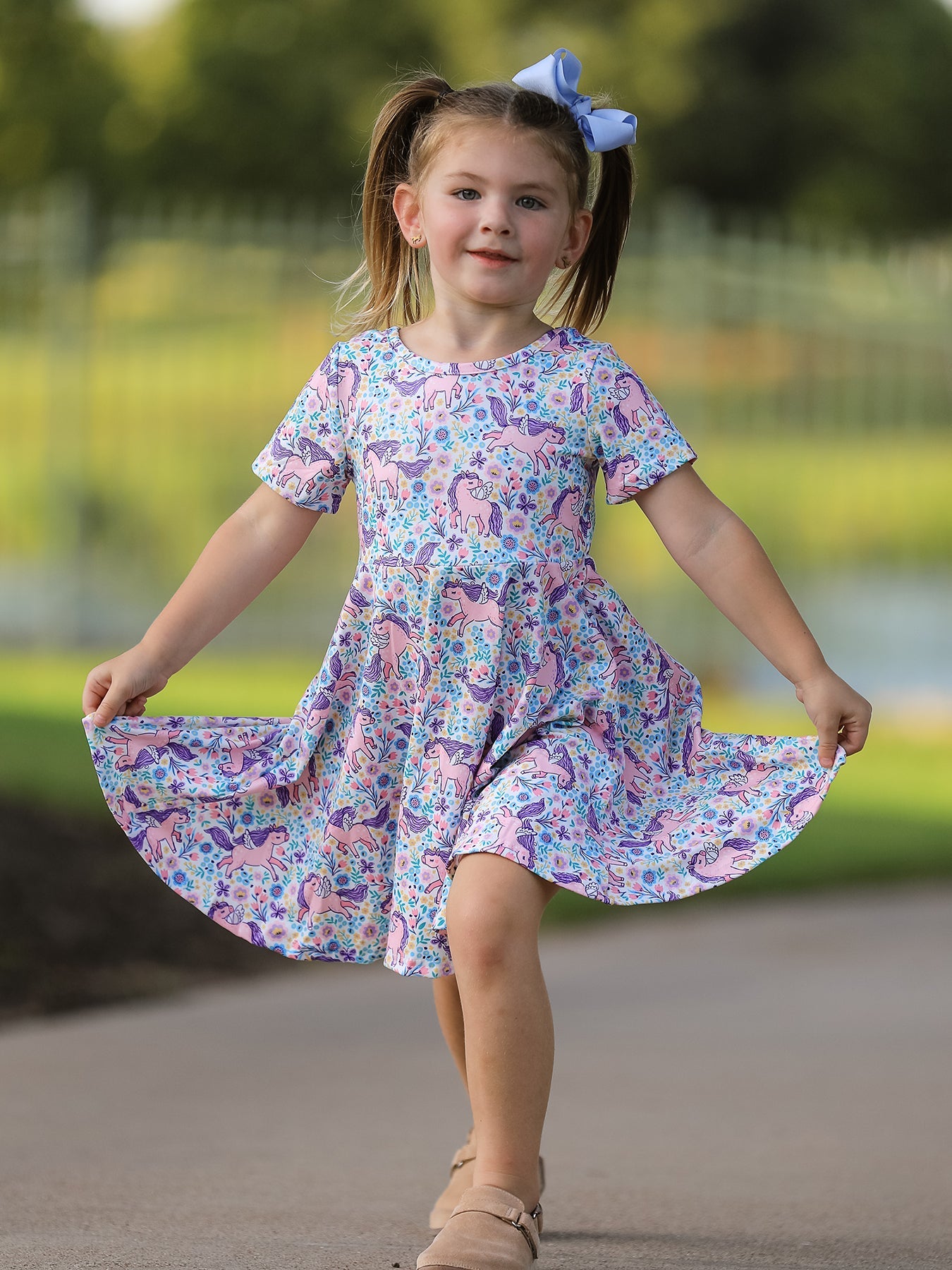 Unicorn Floral Print Girls Short Sleeve Twirl Dress