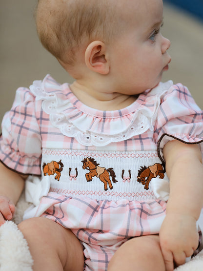 Western Horse Embroidered Smocked Plaid Baby Girl Romper