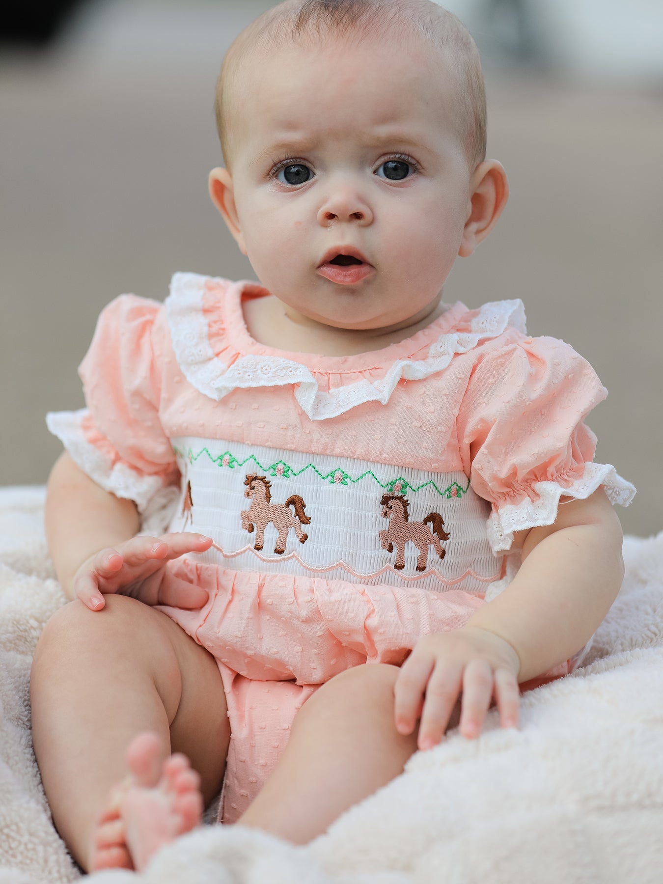 Western Horse Embroidery Girls Romper Lace Petals Collar Puff Sleeve