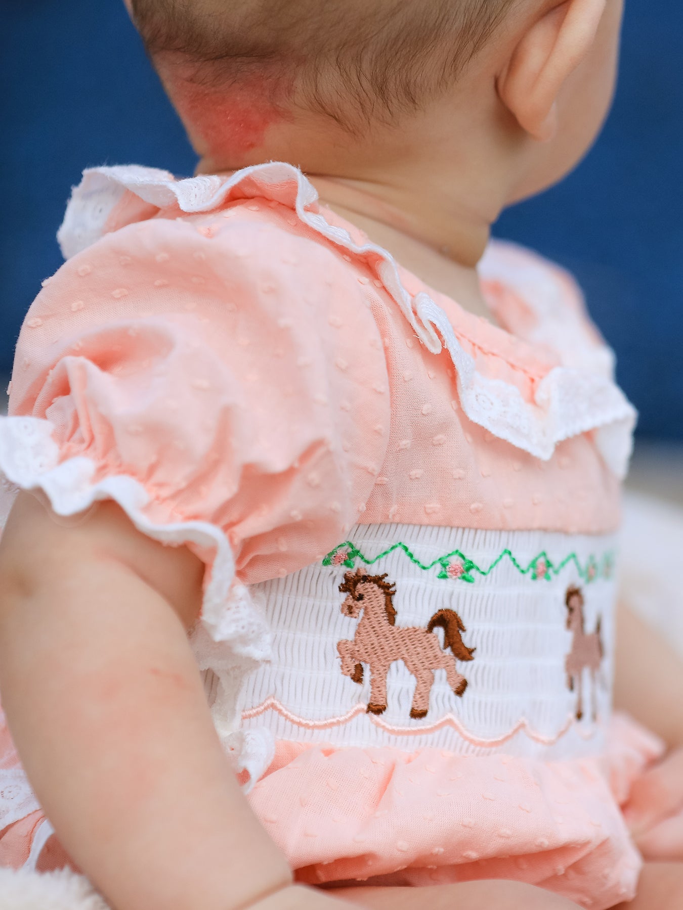 Western Horse Embroidery Girls Romper Lace Petals Collar Puff Sleeve