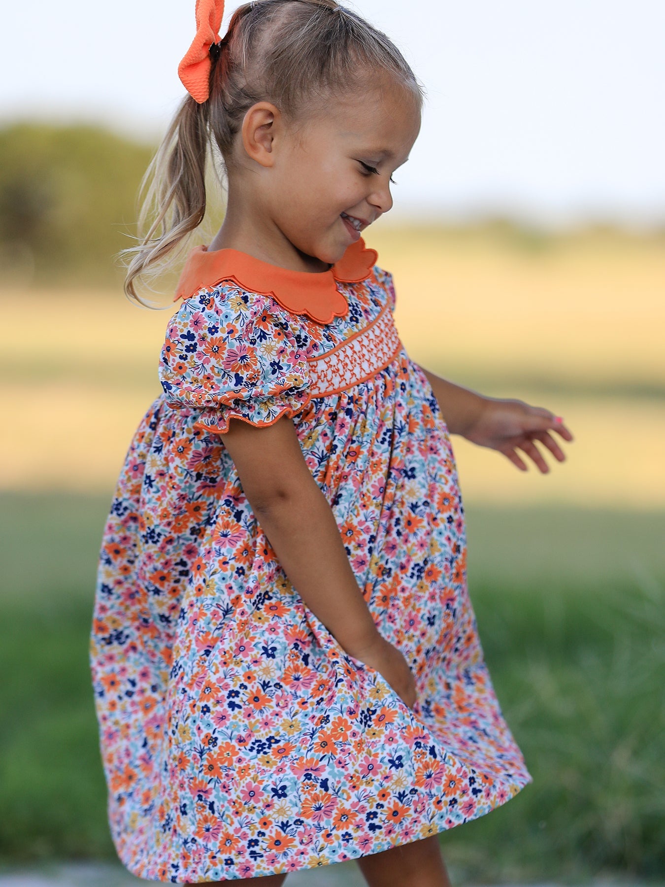 Fall Floral Smocked Petals Collar Girls Dress