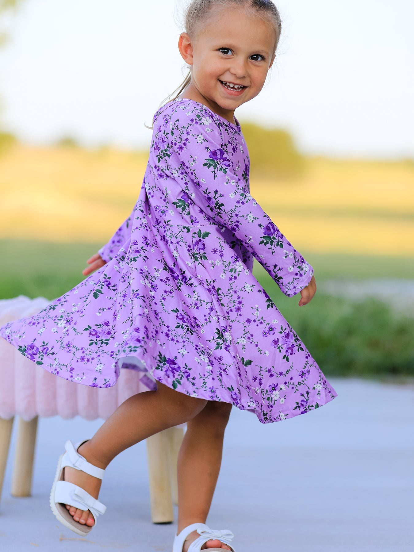 Fall Lavender Floral Print Girls Long Sleeve Twirl Dress