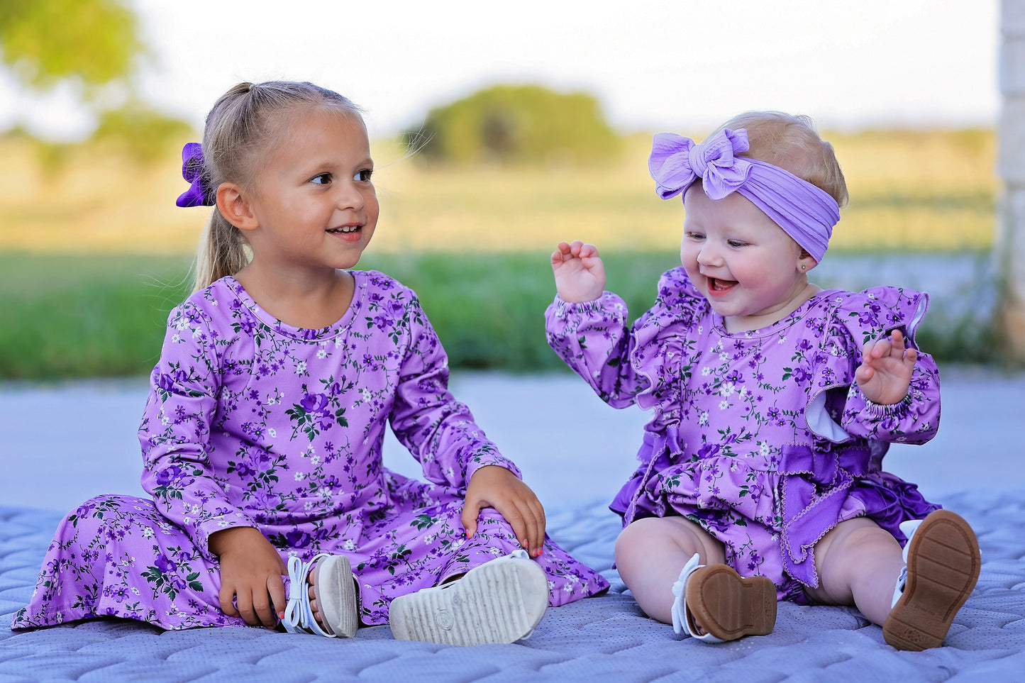 Fall Lavender Floral Print Girls Long Sleeve Romper