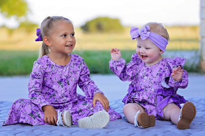 Fall Lavender Floral Print Girls Long Sleeve Romper