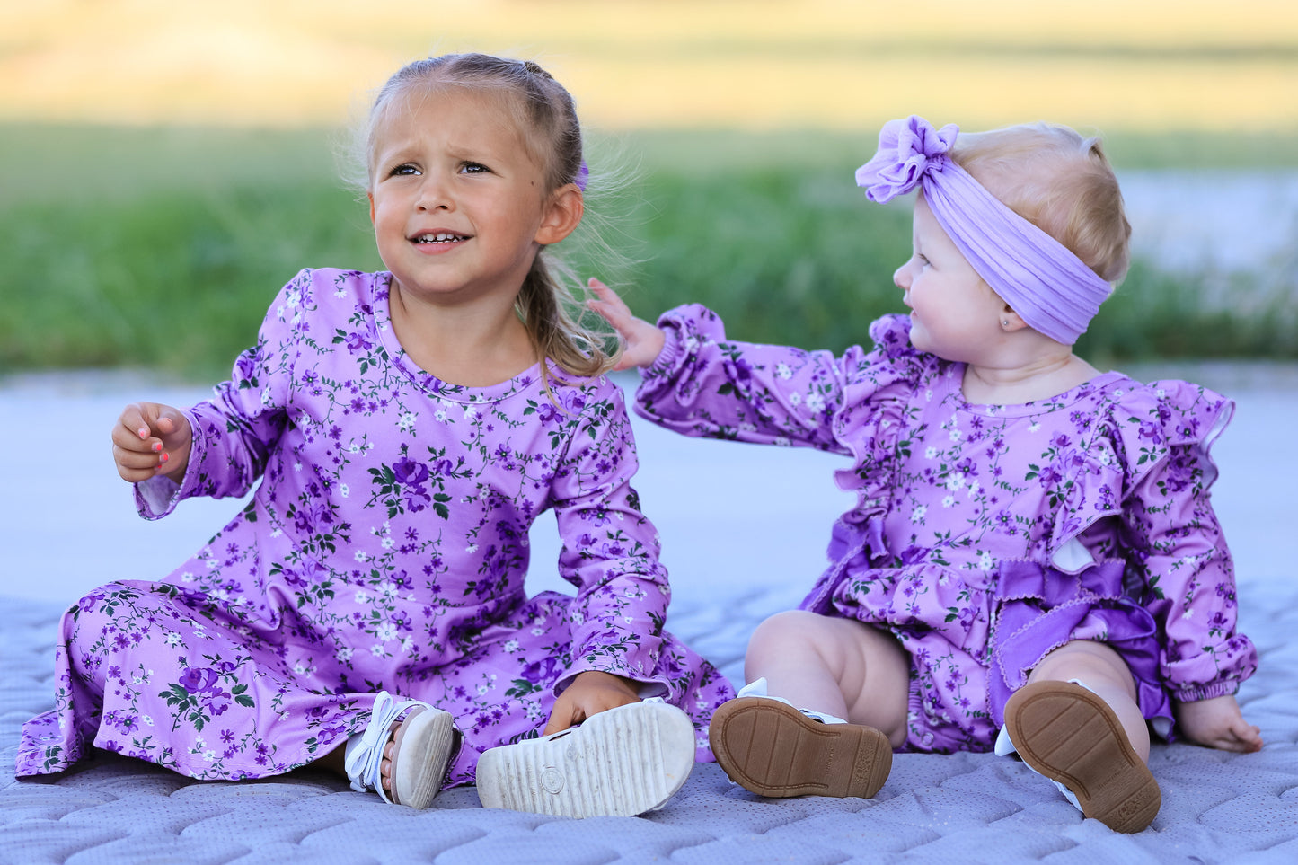 Fall Lavender Floral Print Girls Long Sleeve Romper