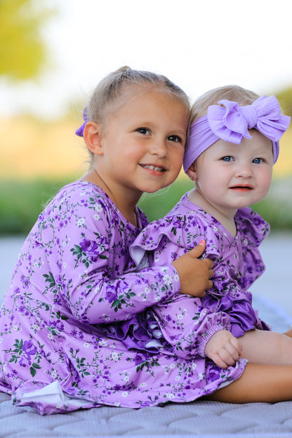 Fall Lavender Floral Print Girls Long Sleeve Twirl Dress