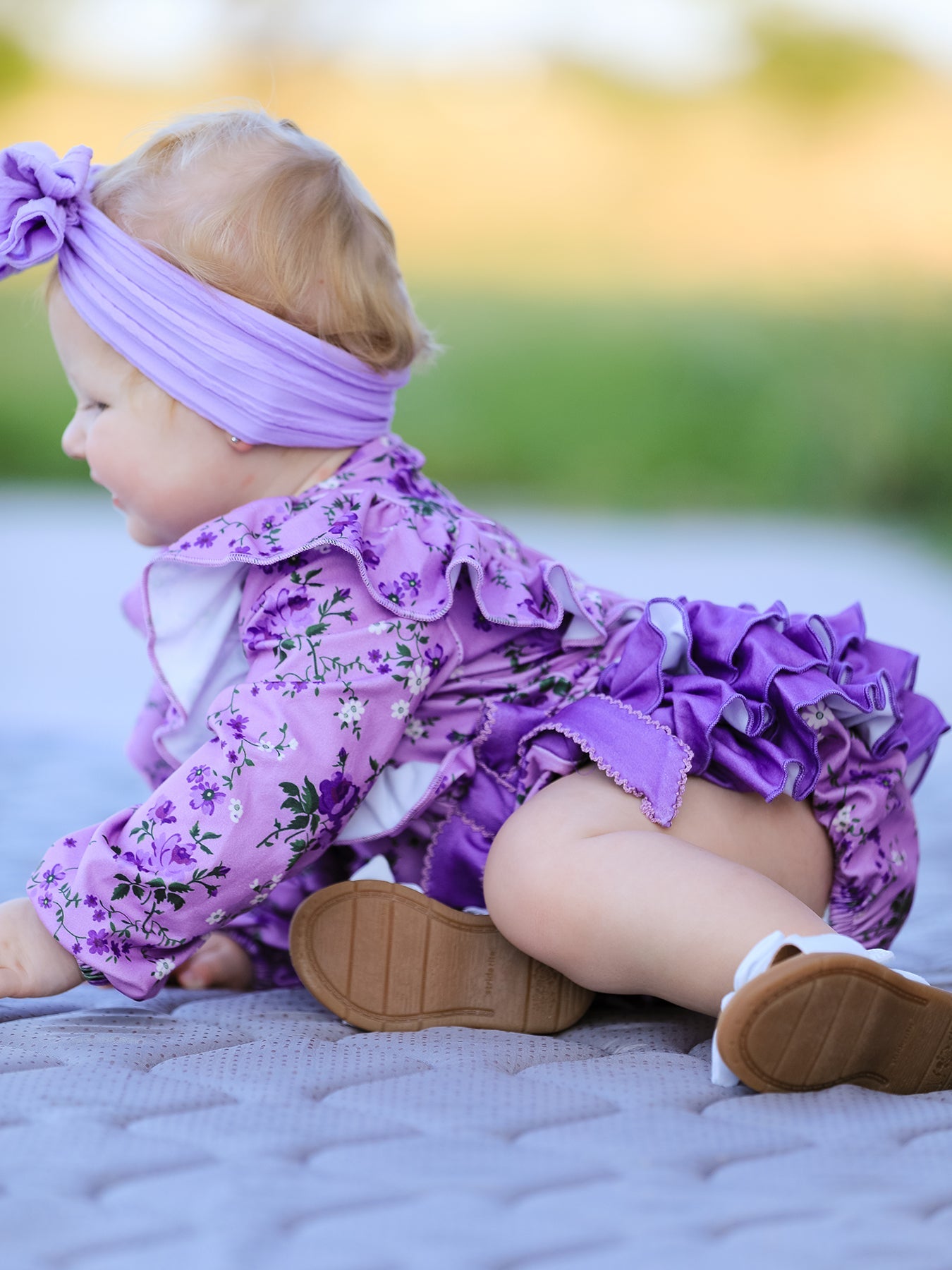 Fall Lavender Floral Print Girls Long Sleeve Romper