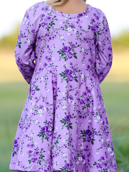 Fall Lavender Floral Print Girls Long Sleeve Twirl Dress