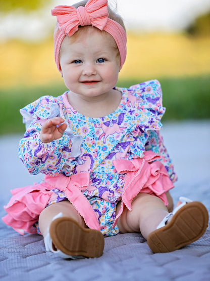 Unicorn Floral Print Girls Long Sleeve Romper