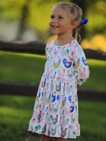 Fall Farm Chicken Print Girls Ruffle Hem Twirl Dress