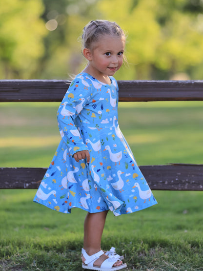 Fall Goose Print Girls Long Sleeve Twirl Dress