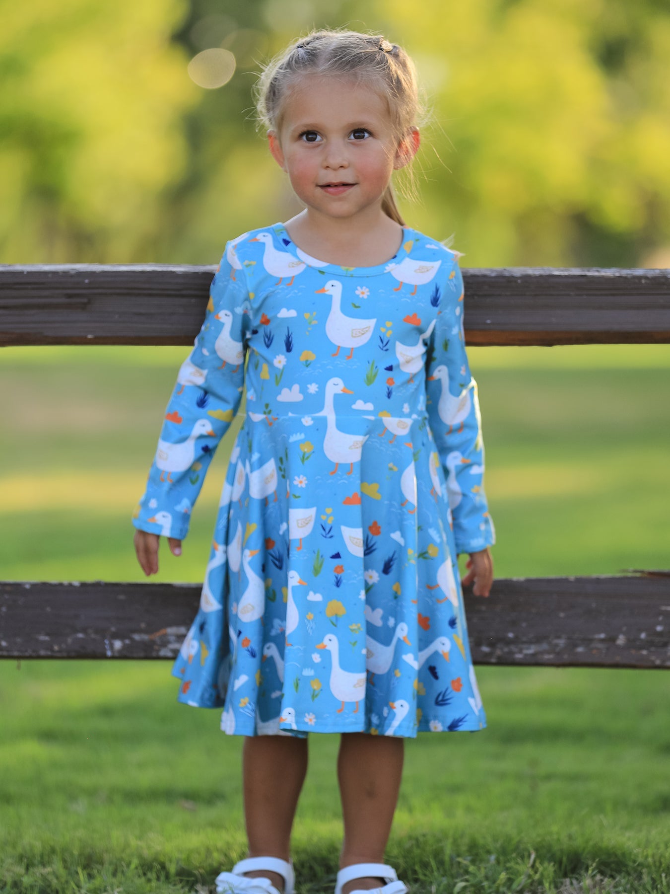 Fall Goose Print Girls Long Sleeve Twirl Dress