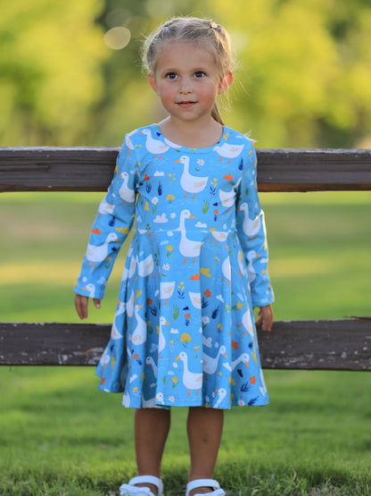 Fall Goose Print Girls Long Sleeve Twirl Dress