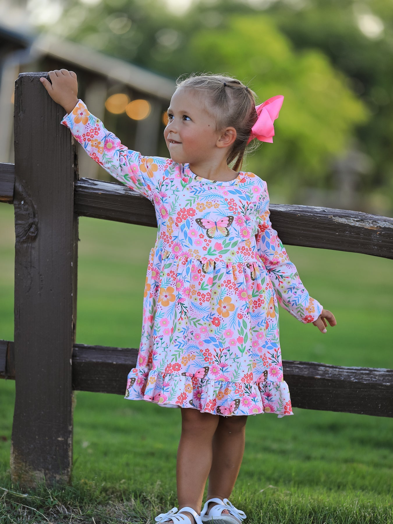 PREORDER Fall Butterfly Floral Print Girls Ruffle Hem Twirl Dress