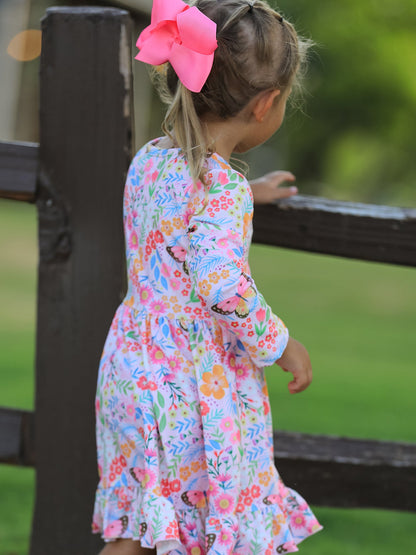 PREORDER Fall Butterfly Floral Print Girls Ruffle Hem Twirl Dress