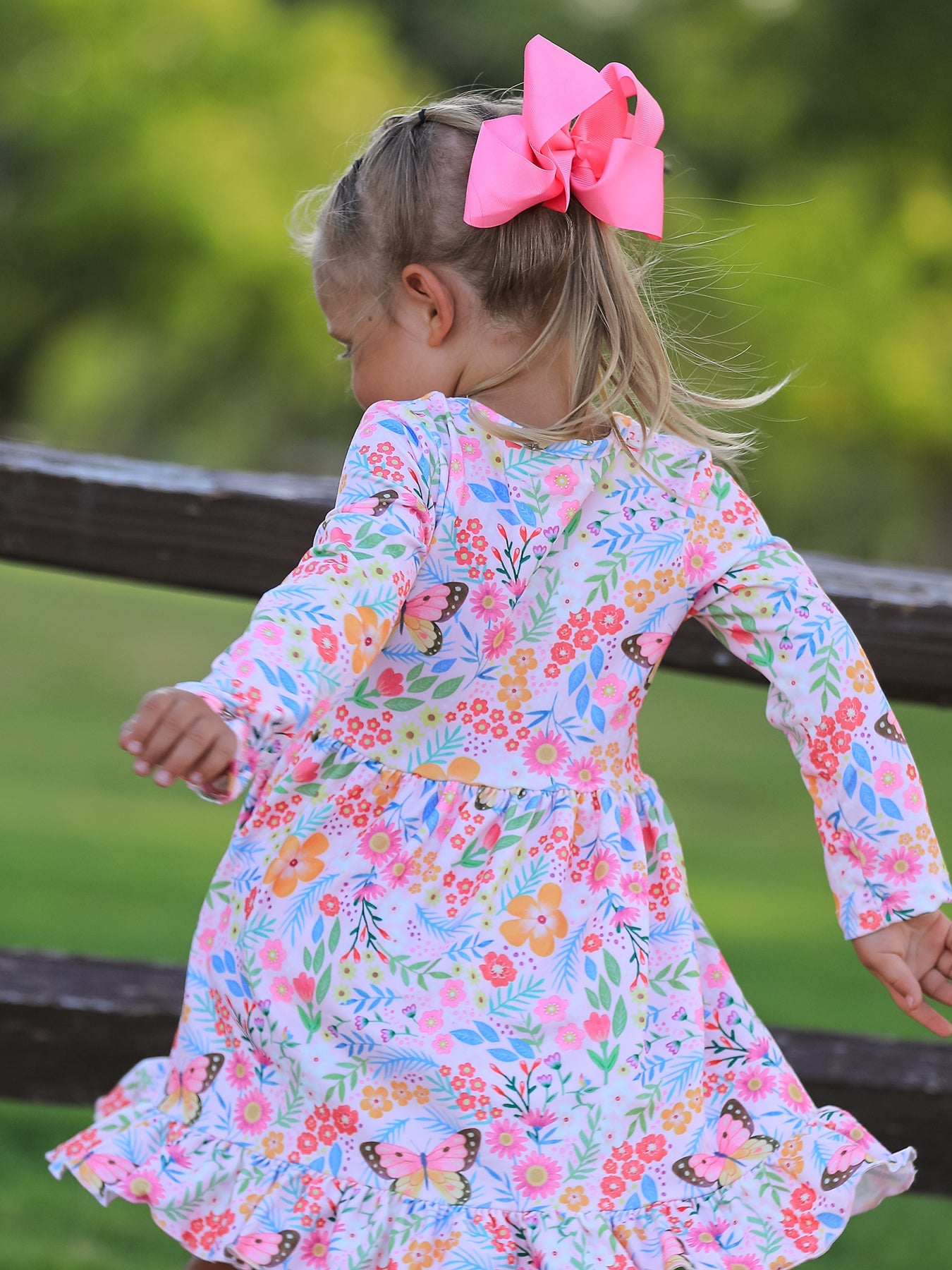 PREORDER Fall Butterfly Floral Print Girls Ruffle Hem Twirl Dress