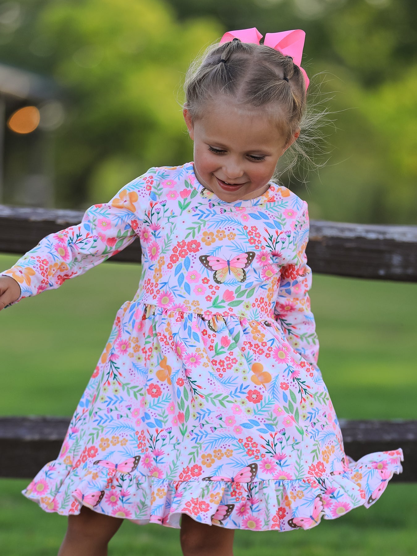PREORDER Fall Butterfly Floral Print Girls Ruffle Hem Twirl Dress