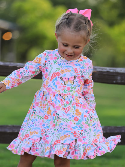PREORDER Fall Butterfly Floral Print Girls Ruffle Hem Twirl Dress