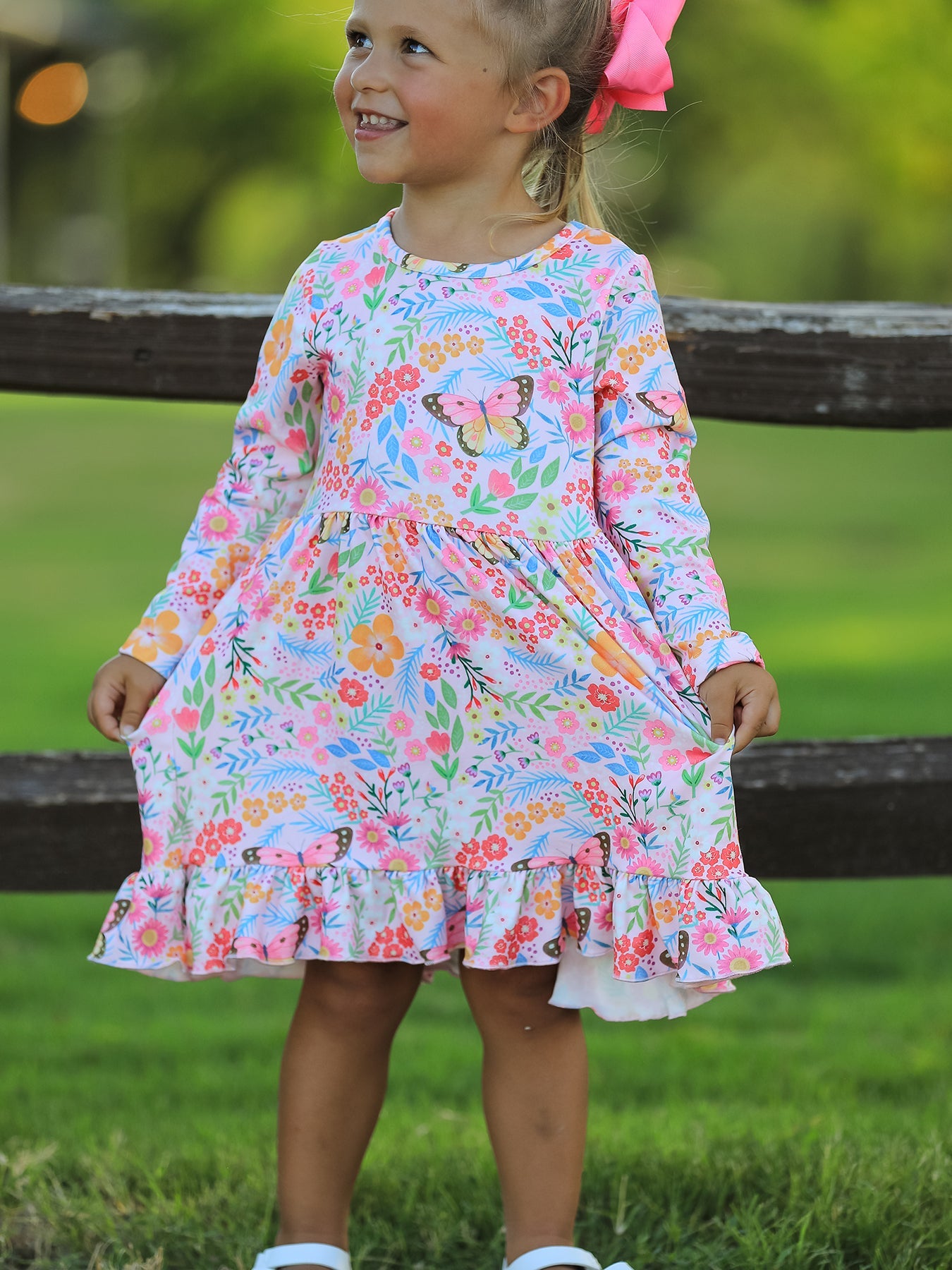 PREORDER Fall Butterfly Floral Print Girls Ruffle Hem Twirl Dress