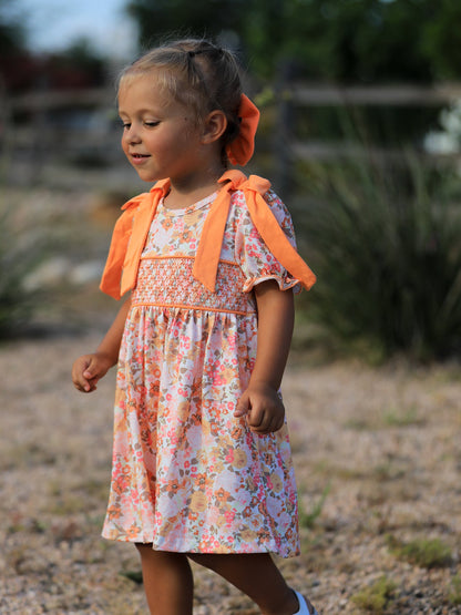 Peach Bow Smocked Floral Girl Dress